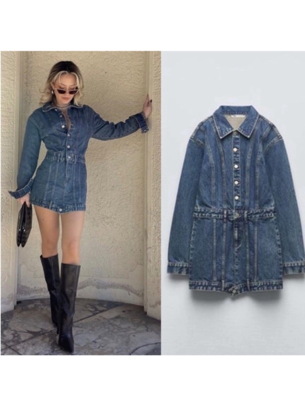 Zara Classic Blue Denim Mini Long Sleeve Dress 100% cotton natural fibers